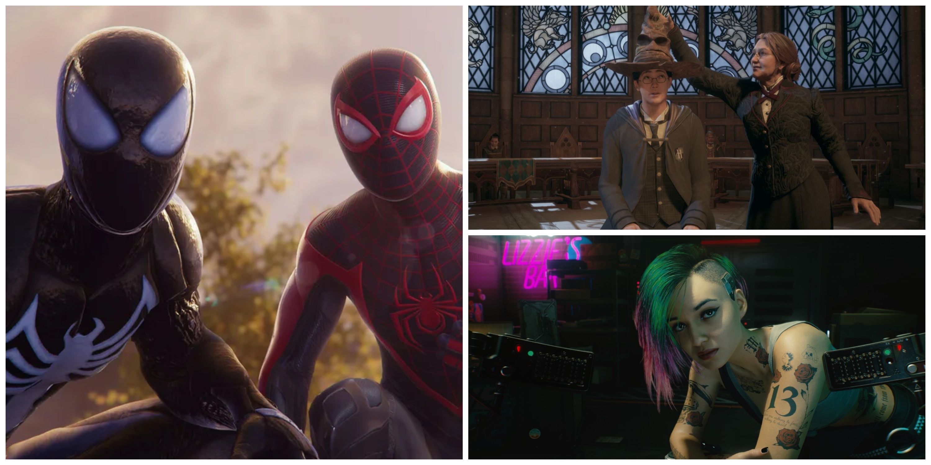 marvel's spider-man 2 symbiote spider-man and miles morales spider-man, hogwarts legacy sorting hat, cyberpunk 2077 judy