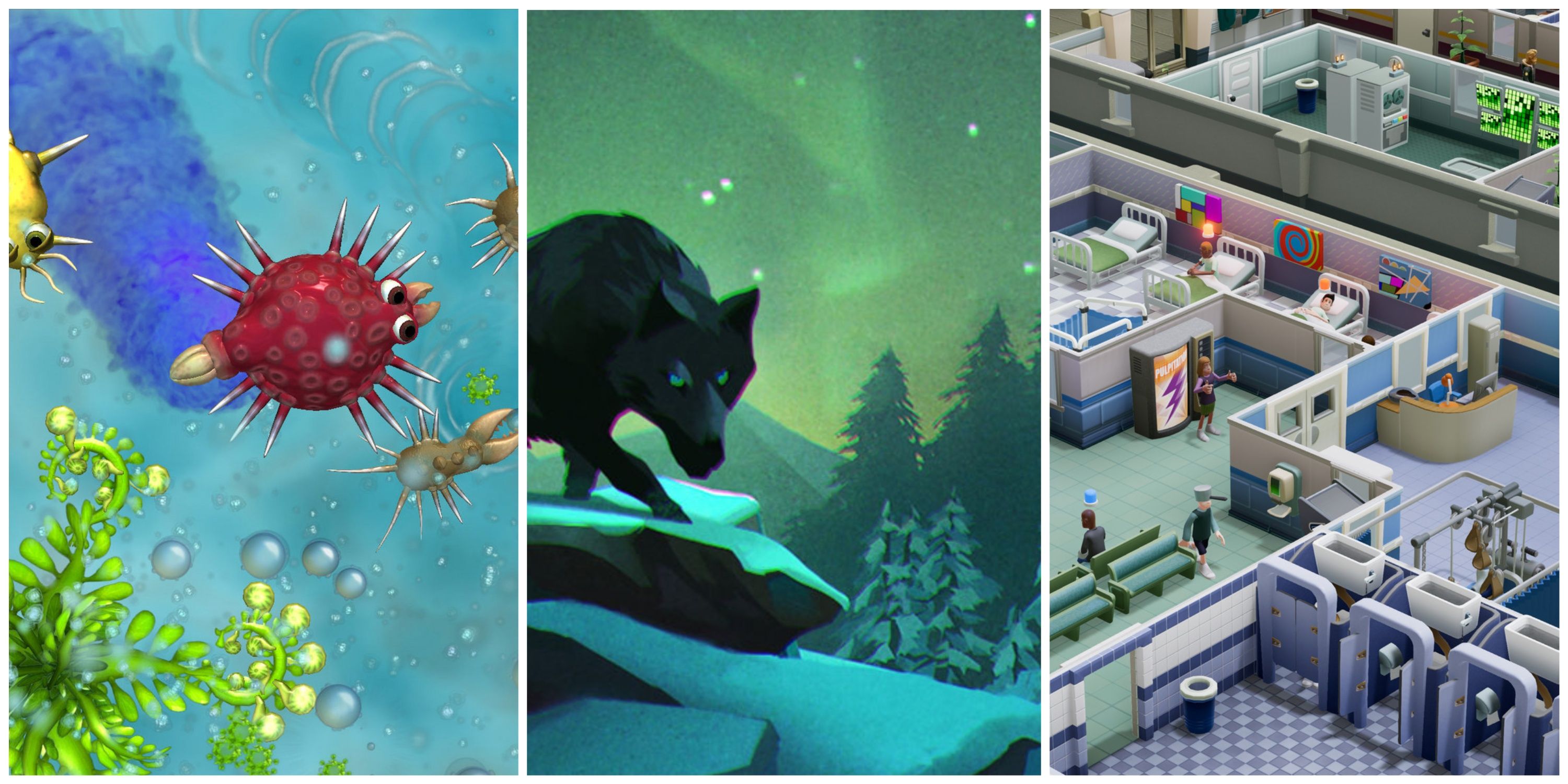 Simulation Games For Beginners Featured Image - Spore + The Long Dark + Two Point Hospital