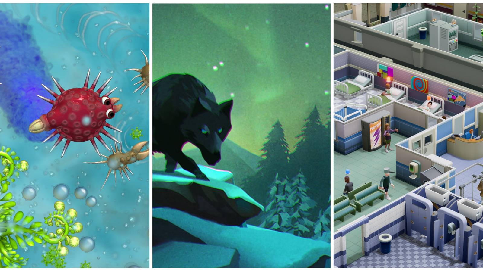 Simulation Games For Beginners Featured Image - Spore + The Long Dark + Two Point Hospital