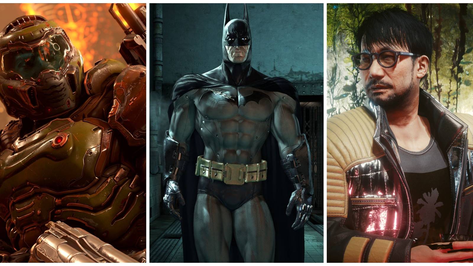 doom slayer in doom 2016, batman in arkham aslyum, and hideo kojima in cyberpunk 2077
