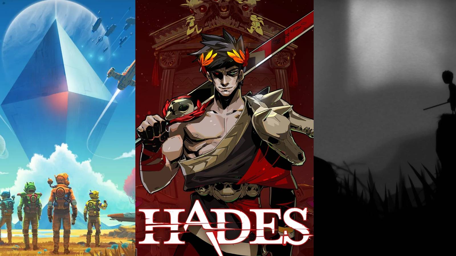 Characters from No Man's Sky, Hades, and Limbo stand side by side