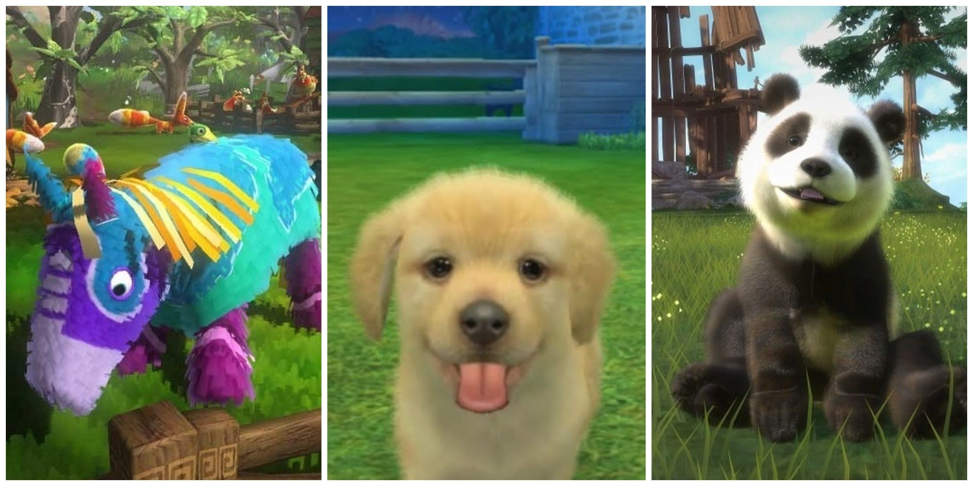 Best pet simulators feature image with pinata, dog, and panda bear