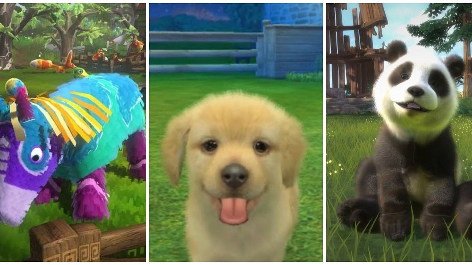 Best pet simulators feature image with pinata, dog, and panda bear