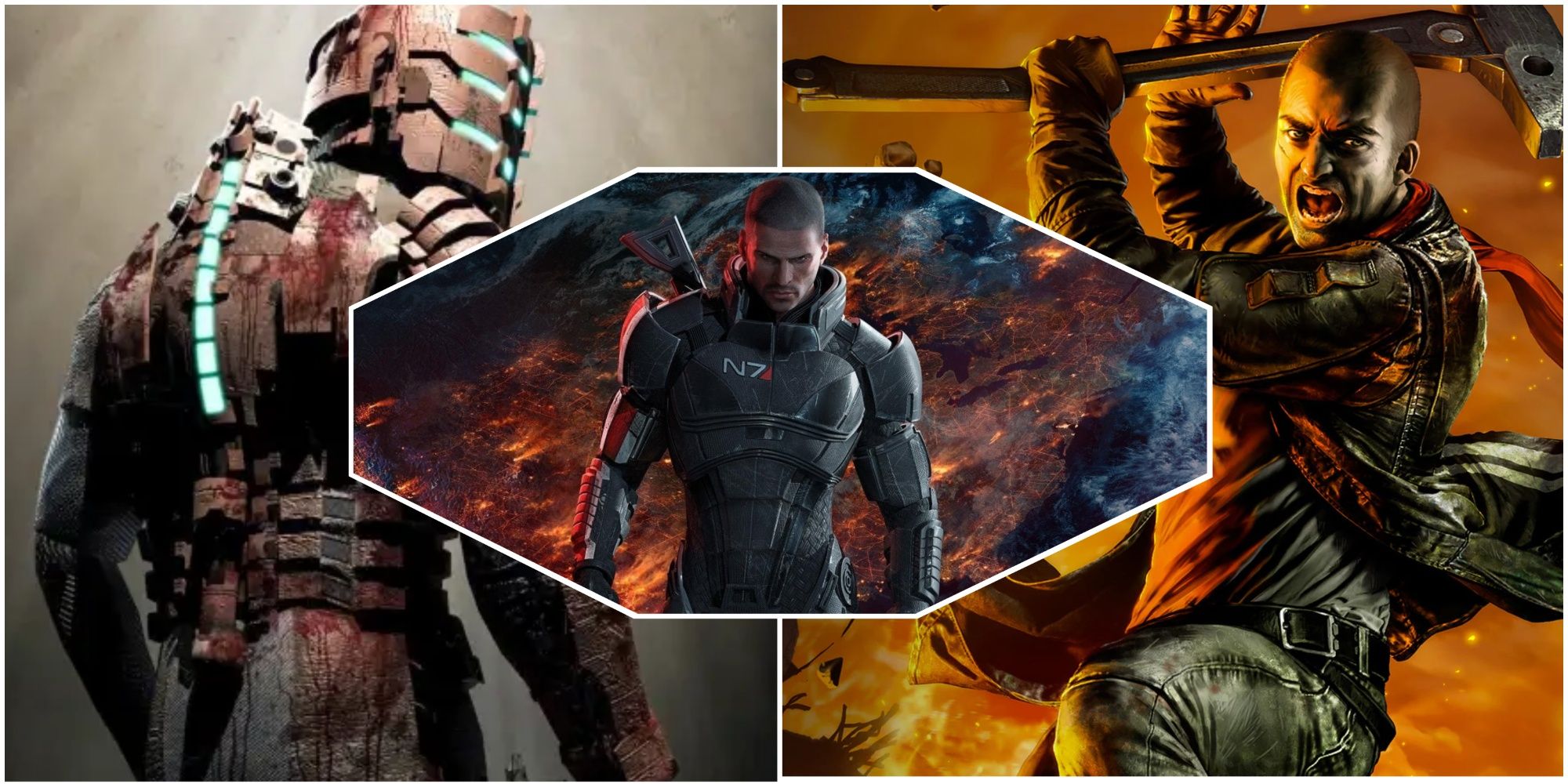 Commander Shepard, Issac Clarke, and Alec Mason pose dramatically in a collage.