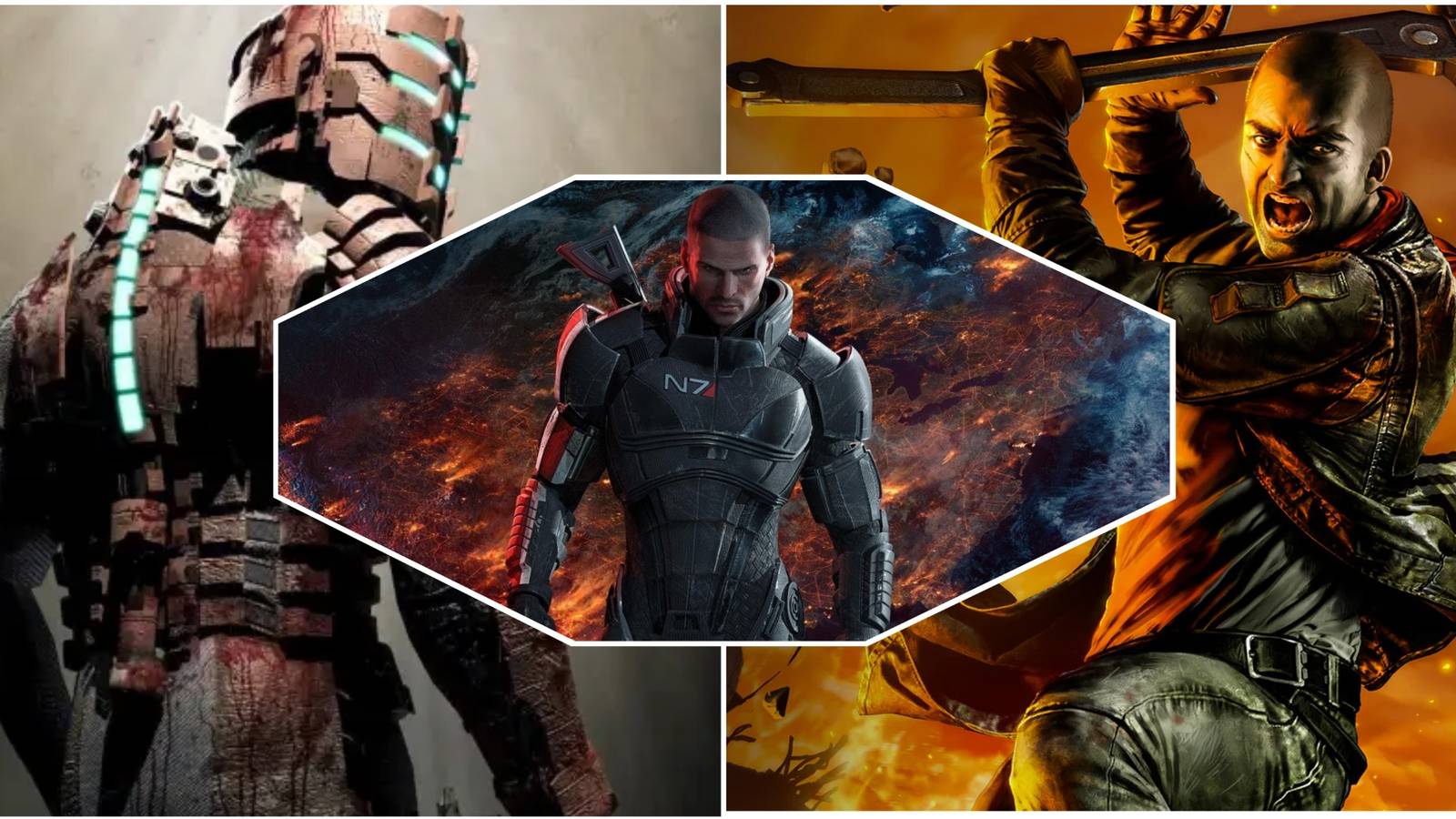 Commander Shepard, Issac Clarke, and Alec Mason pose dramatically in a collage.
