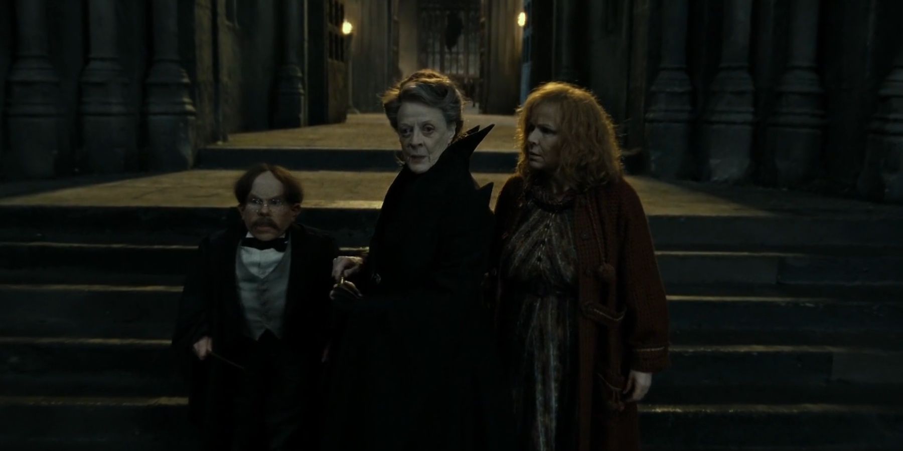 Professor Filius Flitwick Professor Minerva McGonagall And Molly Weasley in Harry Potter and the Deathly Hallows: Part 2.