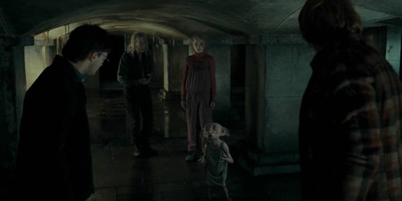 Dobby Garrick Ollivander Luna Lovegood Harry Potter and Ron Weasley in Harry Potter and the Deathly Hallows: Part 1.
