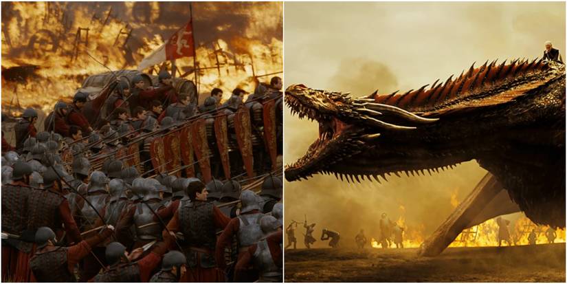 Split image of Lannister army, Daenerys atop Drogon in the Battle of the Goldroad in Game of Thrones.