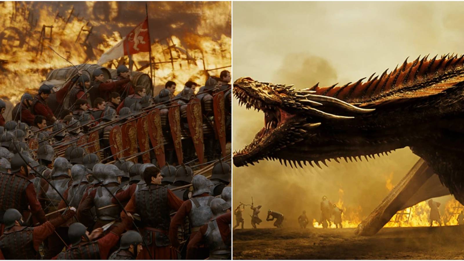 Split image of Lannister army, Daenerys atop Drogon in the Battle of the Goldroad in Game of Thrones.