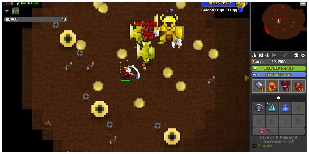 A Hillbilly Warrior fights the Golden Oryx Effigy boss in Cave of a Thousand Treasures.