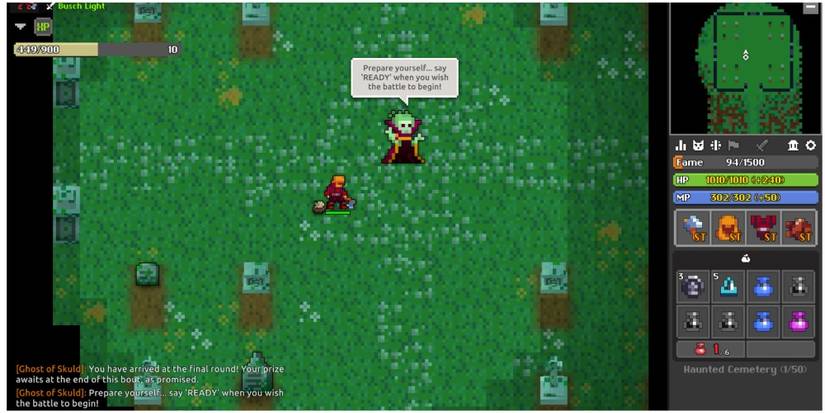 Hillbilly Warrior stands next to Skuld, boss of the Haunted Cemetery.