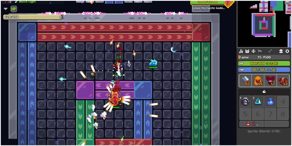A Hillbilly Warrior is struck with low damage shots in the boss arena of the Sprite World.