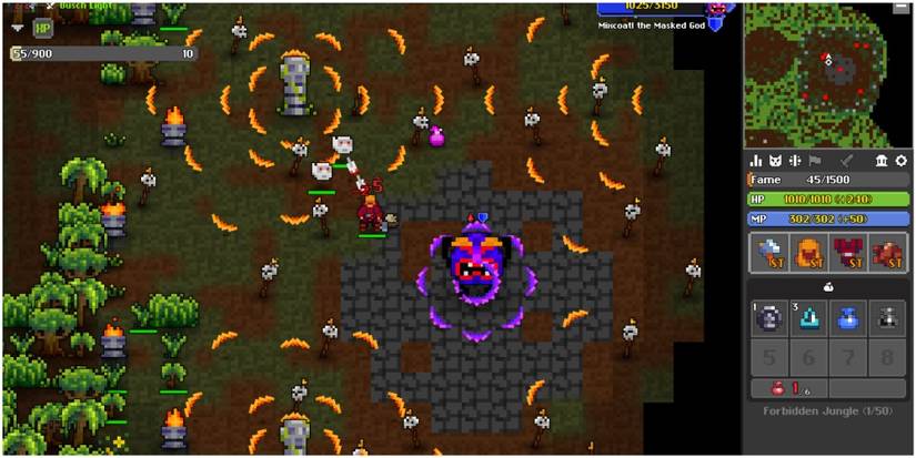 Hillbilly Warrior stands in a safe spot in the arena as Mixcoatl transitions phases in the boss fight.