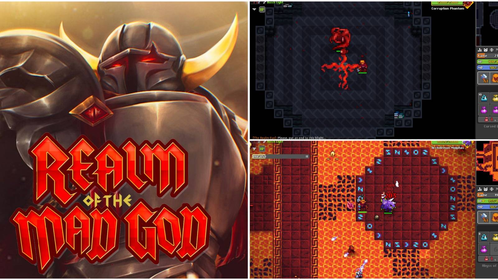 Realm splash art (left), Cursed Library pic (top right), Abyss of Demons pic (bottom right)