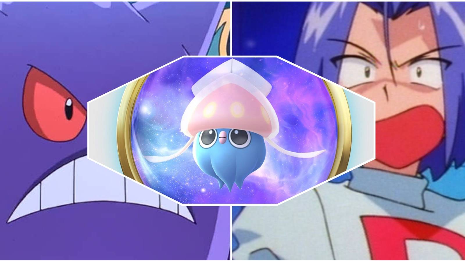 Inkay sits in the middle while Gengar and James from Team Rocket look at it in shock.