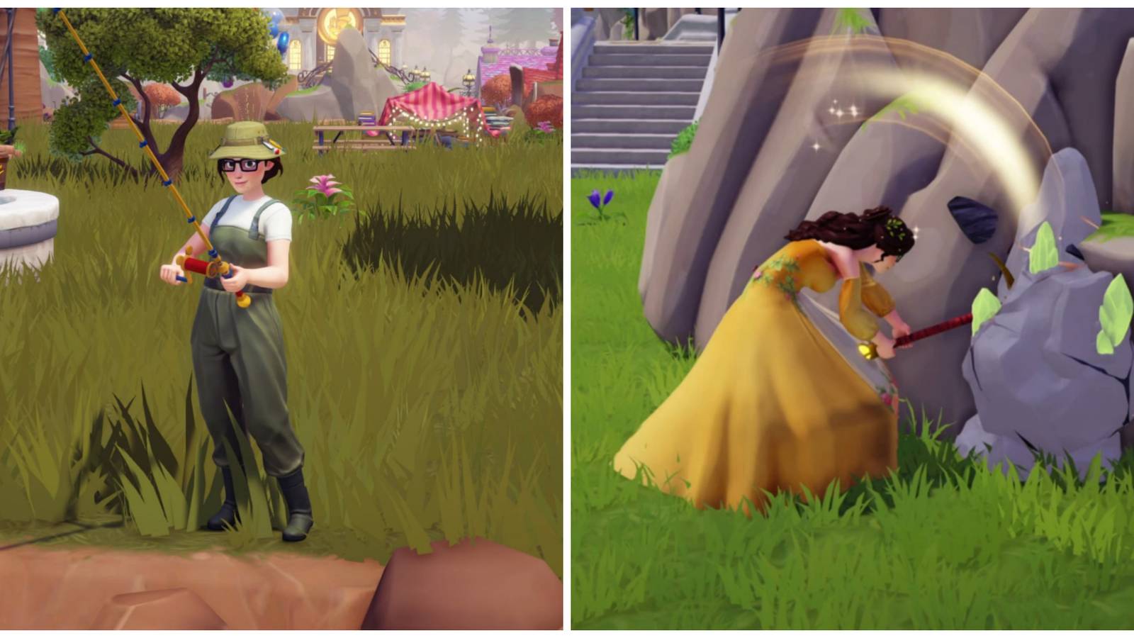 Player fishing on the left, playing mining gems on the right