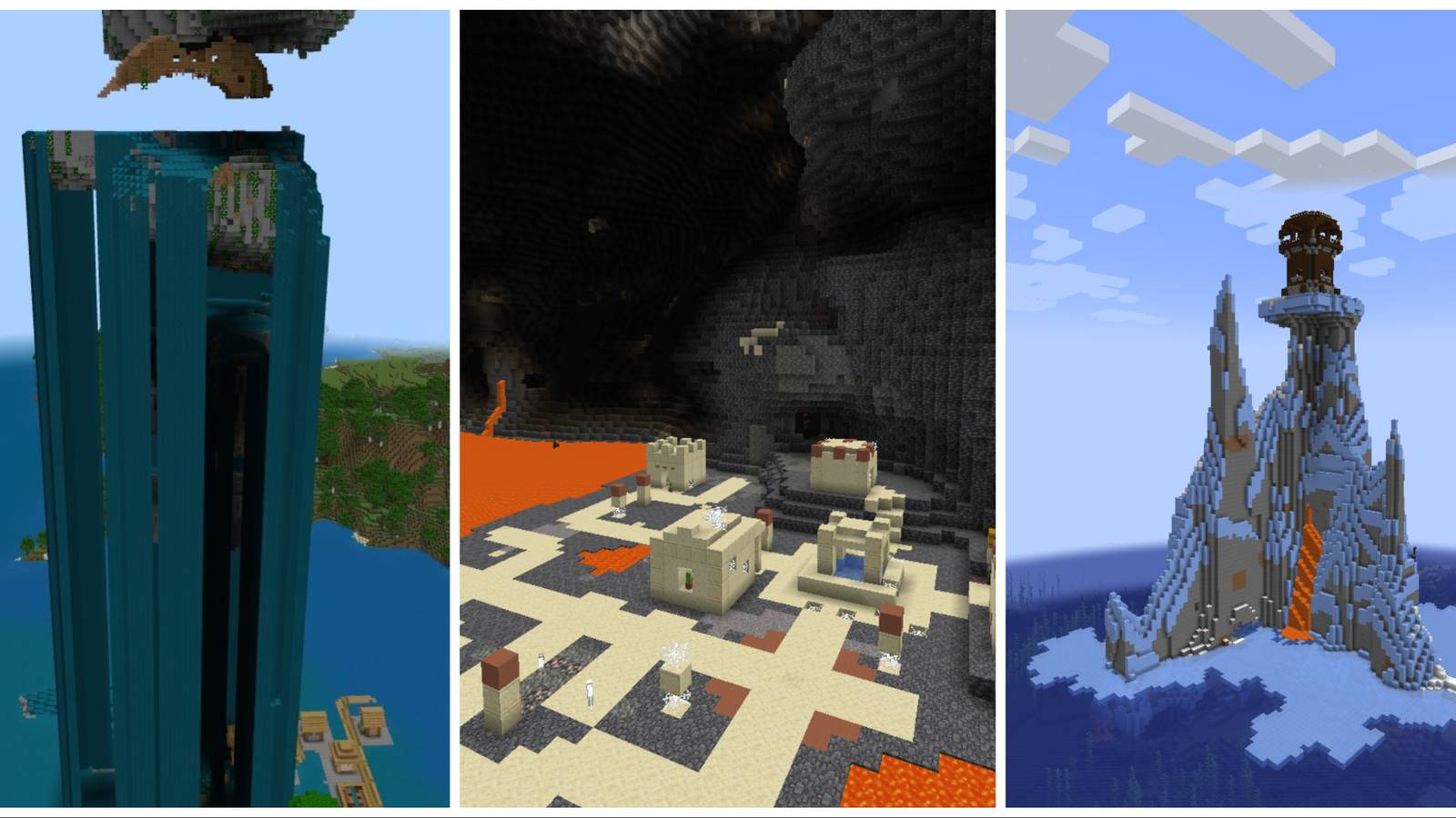 Pillager outpost in ice underground village in lava shipwreck