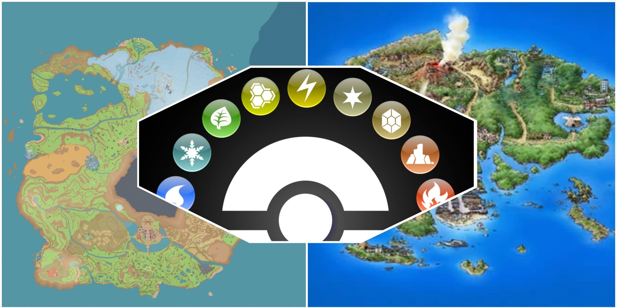 Maps of the regions Paldea and Hoenn with a Pokeball surrounded by Pokemon type symbols in the middle.