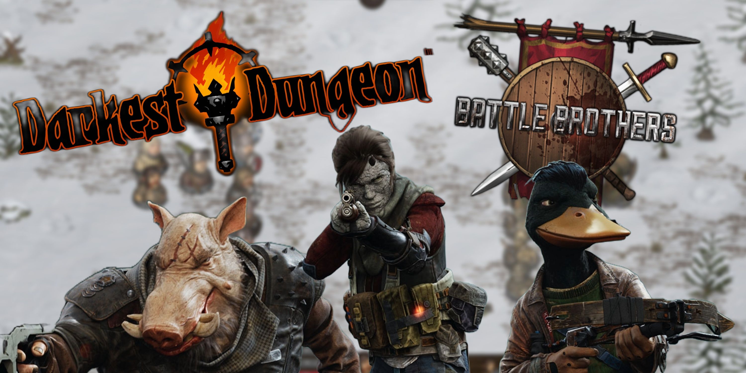 Hardest Indie Strategy Games Featured Image - Darkest Dungeon + Mutant Year Zero + Battle Brothers