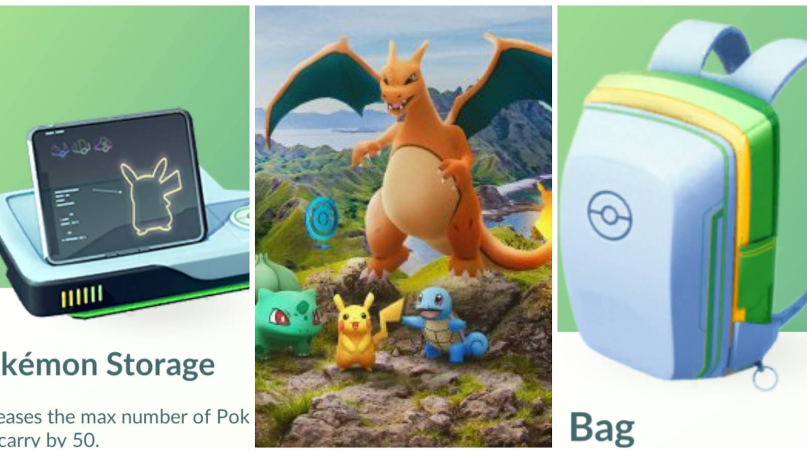 charizard and original pokemon starters, pokemon storage and pokemon bag upgrades from pokemon go