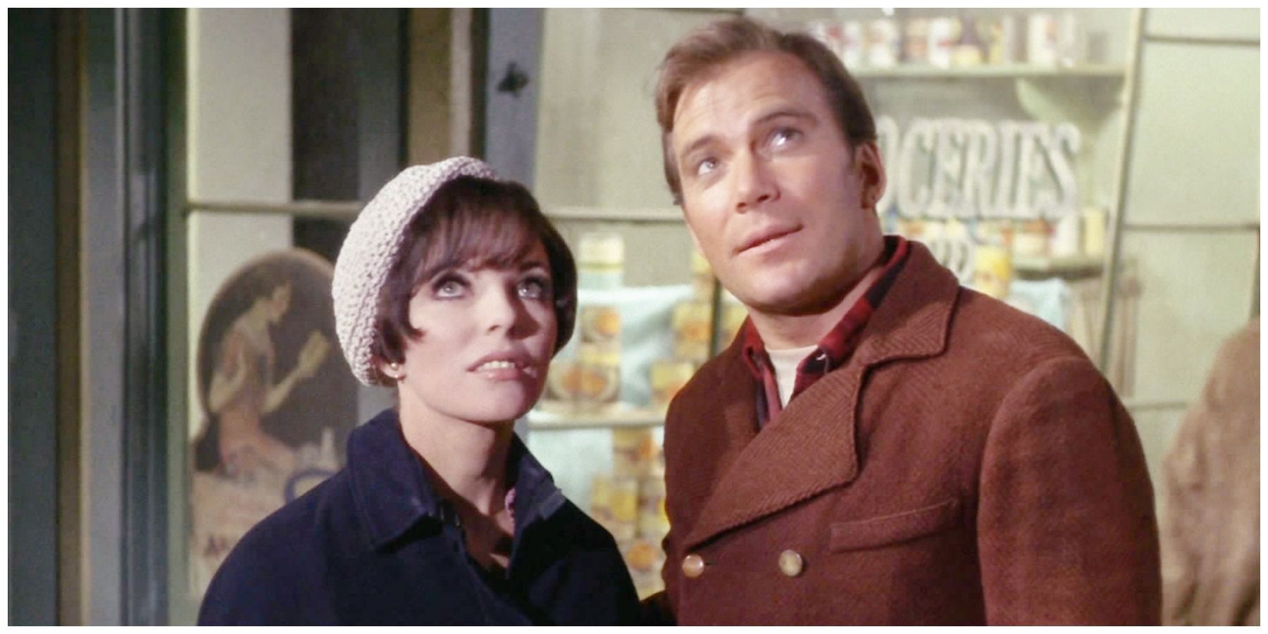 Joan Collins as Edith Keeler. William Shatner as James Kirk.