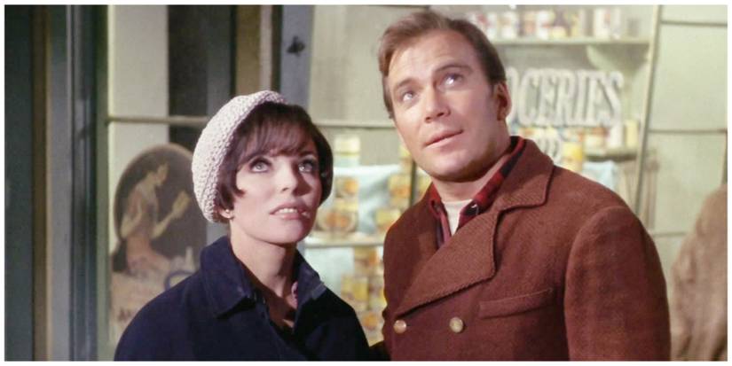 Joan Collins as Edith Keeler. William Shatner as James Kirk.