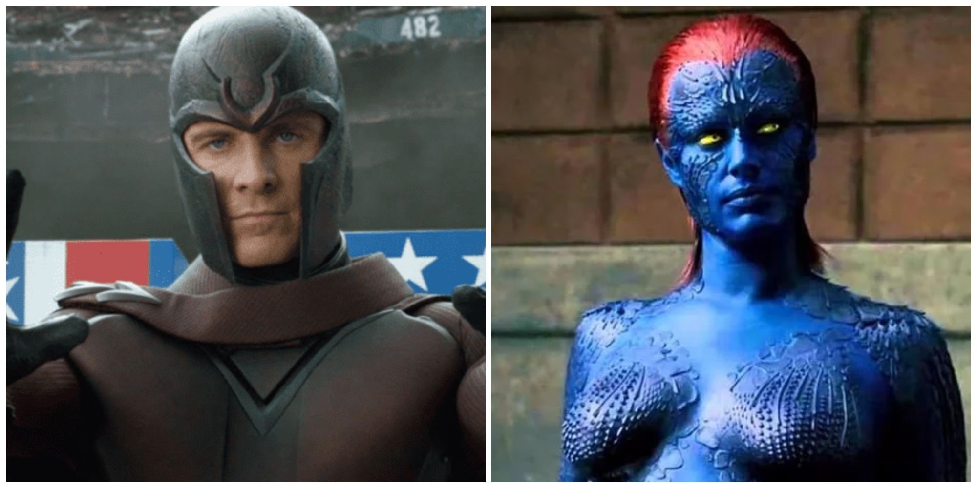 Michael Fassbender as Magneto. Rebecca Romijn as Mystique.