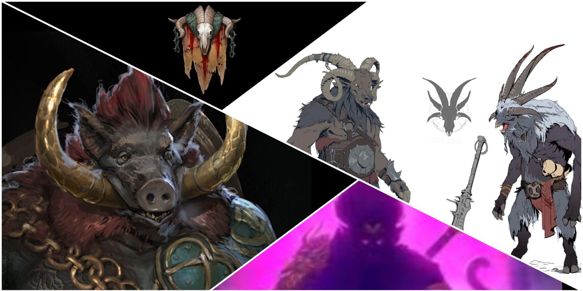 Skinwalker Champions Mighty Ukko and Sun Wukong as well as some concept art of Skinwalkers surround a faction banner.