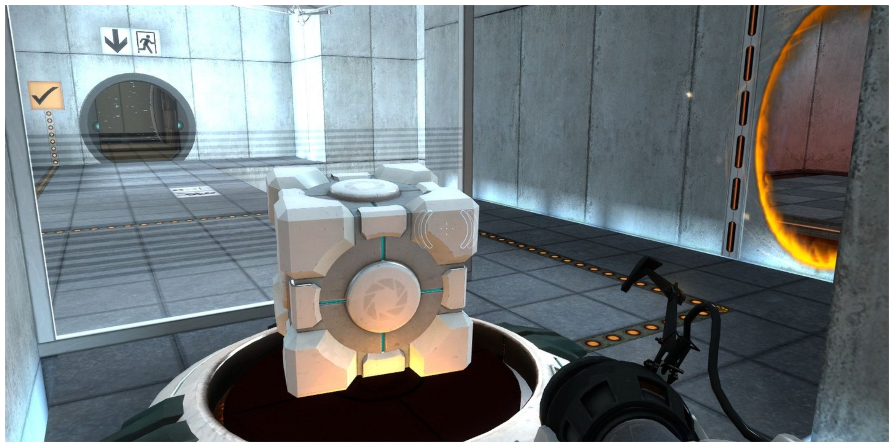 Portal staring at a companion cube
