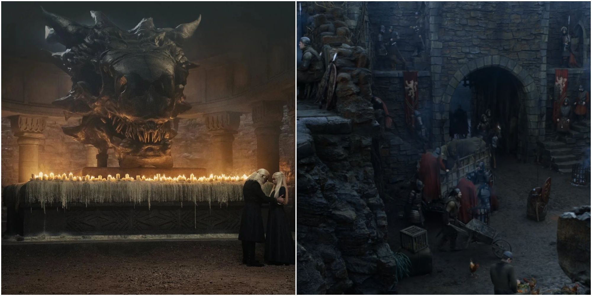 Balerion's skull in House of the Dragon and Harrenhal in Game of Thrones.