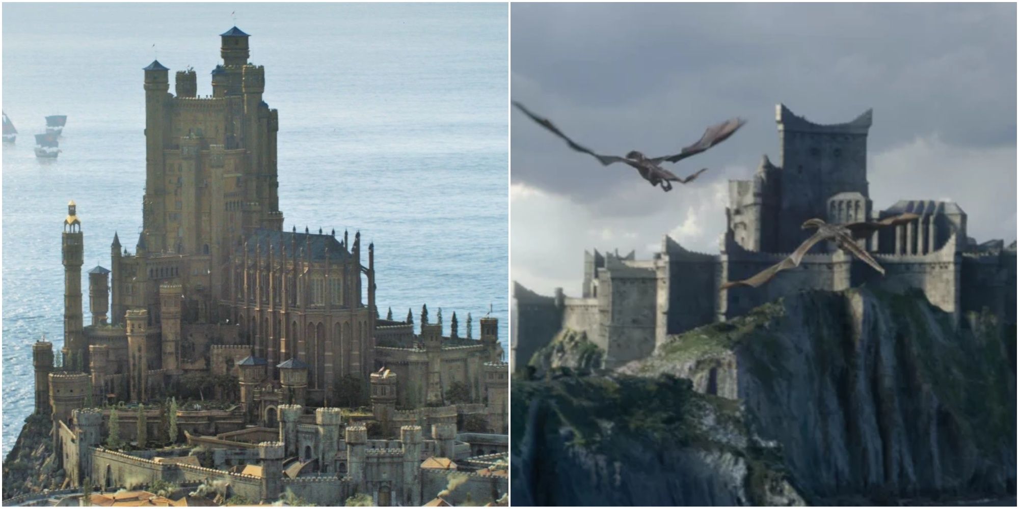 Split images of the Red Keep and Dragonstone in Game of Thrones lore.
