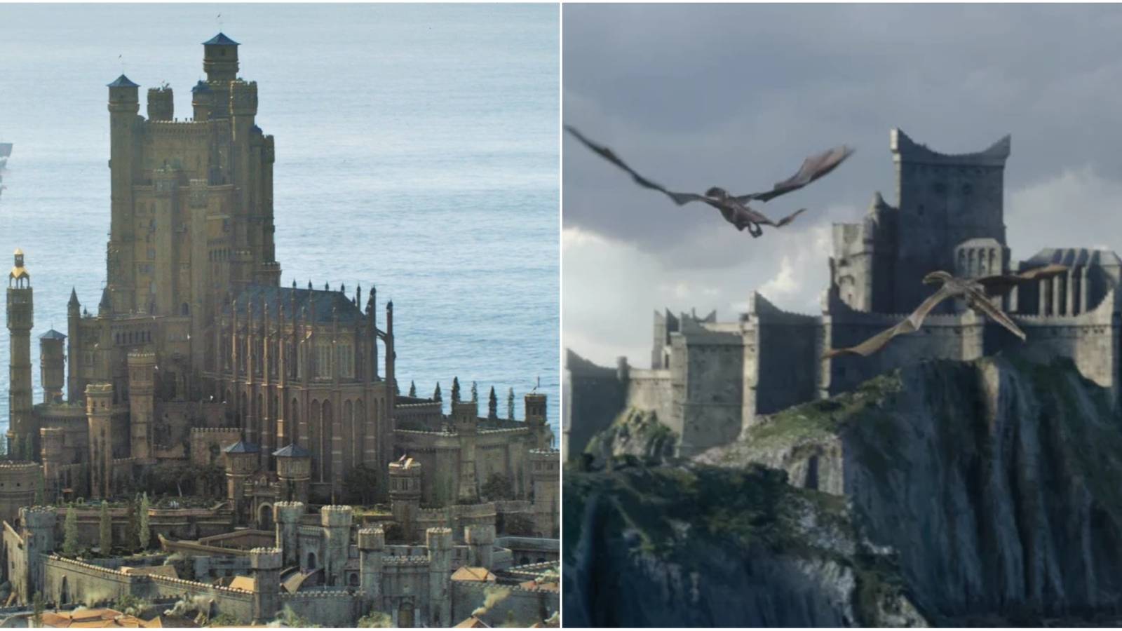Split images of the Red Keep and Dragonstone in Game of Thrones lore.