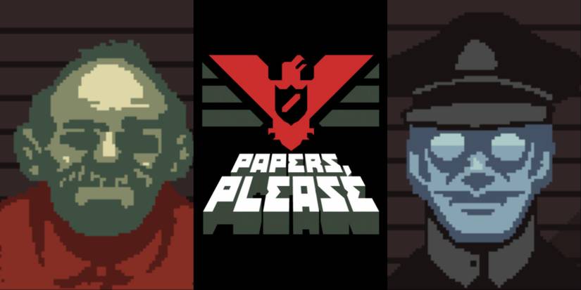 Papers Please logo with characters Jorji and Checkpoint Inspector