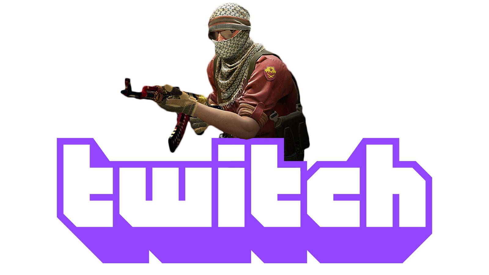 Counter-Strike Global Offensive CSGO Terrorist behind Twitch logo on white background