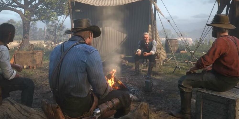 Arthur, Uncle, John, and Hosea sitting around a campfire
