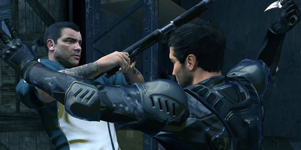Main Character Attacking An Enemy With A Blade In Alpha Protocol 