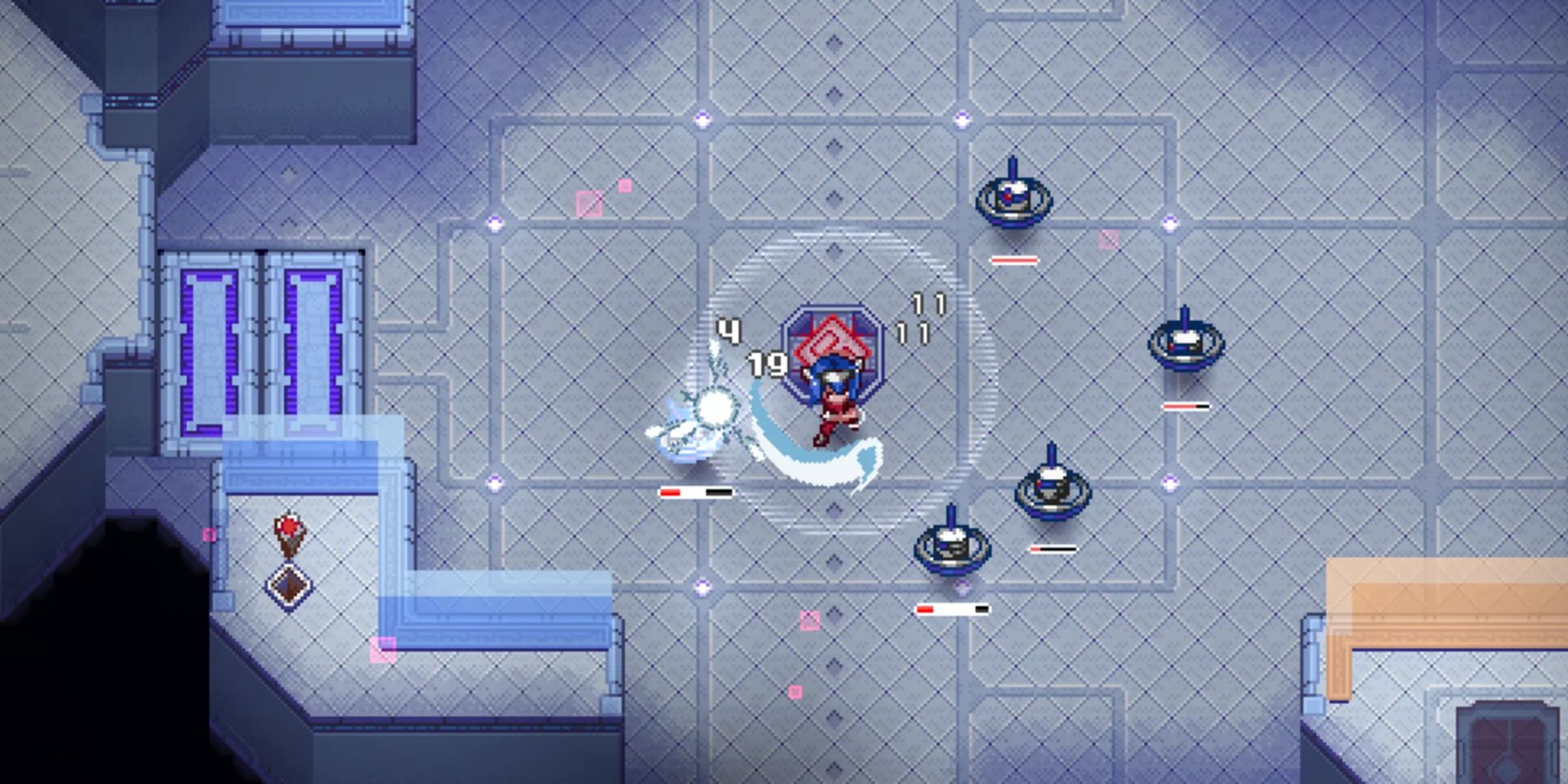 A hero fighting multiple enemies at once in Crosscode