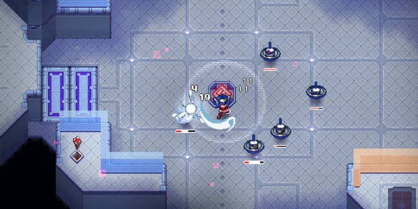 A hero fighting multiple enemies at once in Crosscode