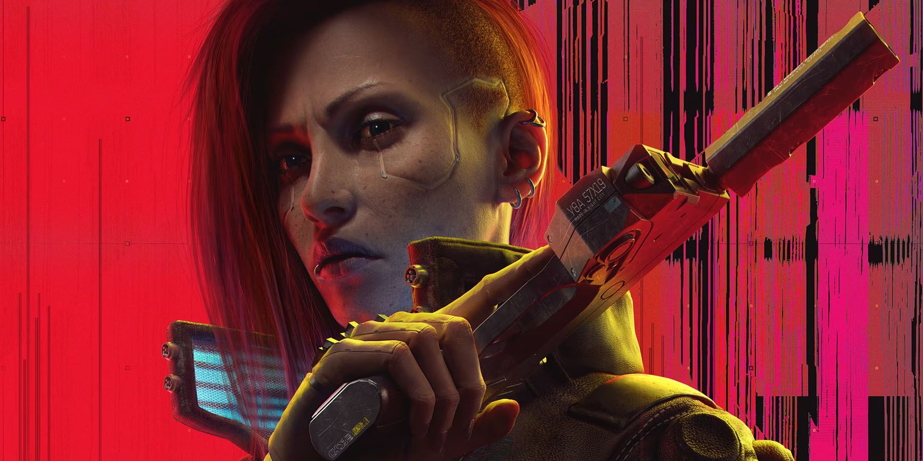 A promotional image of a female V holding a gun against a red background in Cyberpunk 2077.