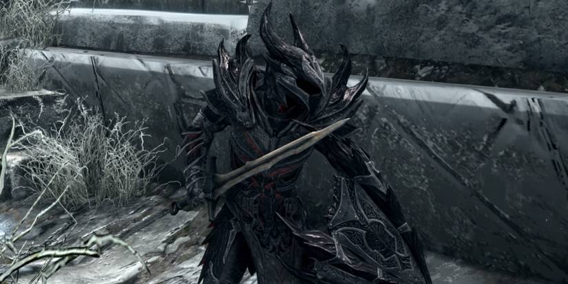 daedric armor, shield and dragon sword
