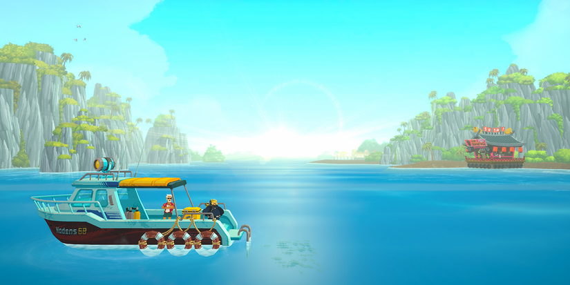 Dave The Diver boat on blue waters, with green-capped mountains