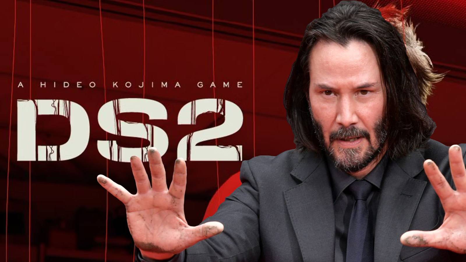 A promotional image of Death Stranding 2 with Keanu Reeves inserted into it.