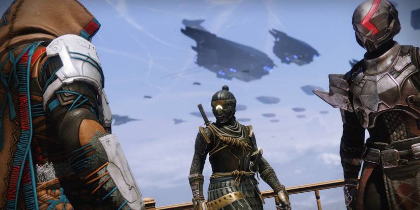 Three Guardians stand in a triangle formation facing eachother with a fleet of starships hang in the sky behind them.