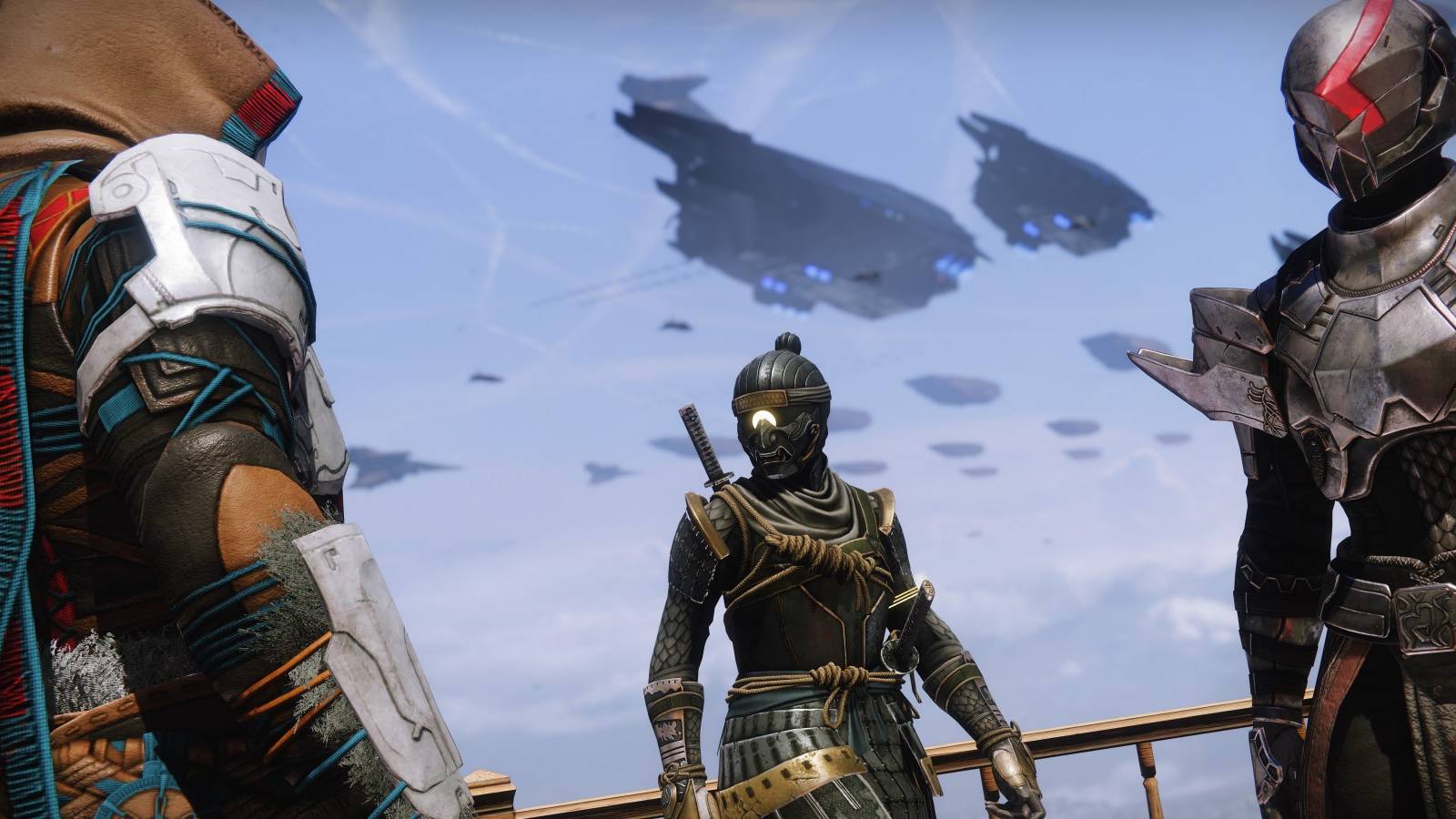 Three Guardians stand in a triangle formation facing eachother with a fleet of starships hang in the sky behind them.