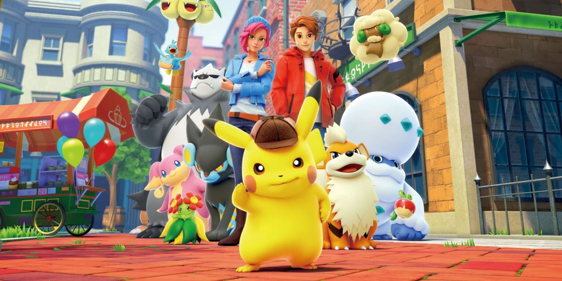 A promotional image for Detective Pikachu Returns featuring Pikachu, Tim Goodman, and various humans and Pokemon in Ryme City.