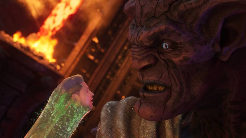 Devyn getting pulled through a communicator by Rook in Immortals of Aveum