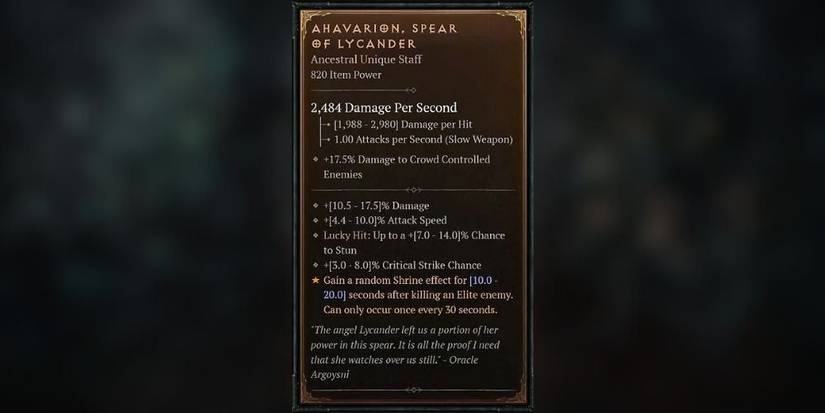 Diablo 4 ahavarion spear of lycander item card