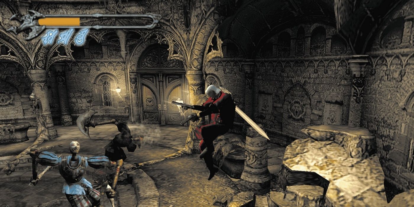 dante from dmc1 fighting in a castle