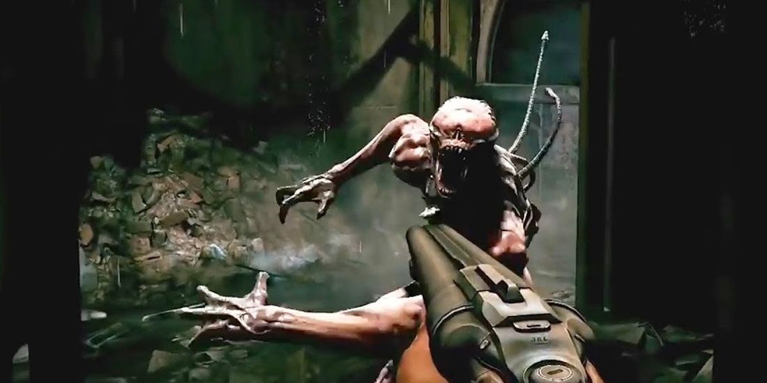 doom 4 scene featuring the doomguy shooting an enemy