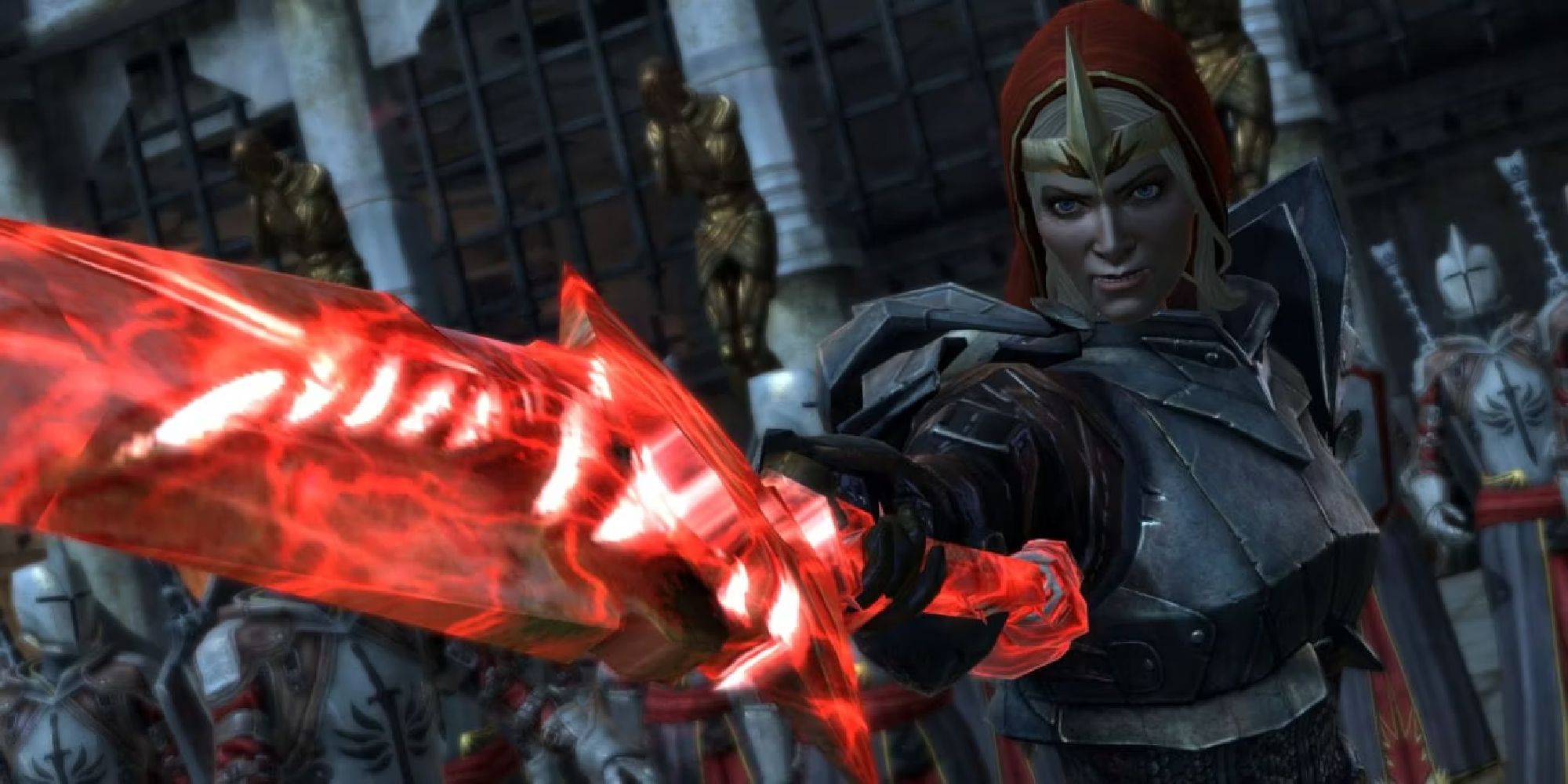 Meredith pointing her red lyrium infused blade forward in an agressive manner.
